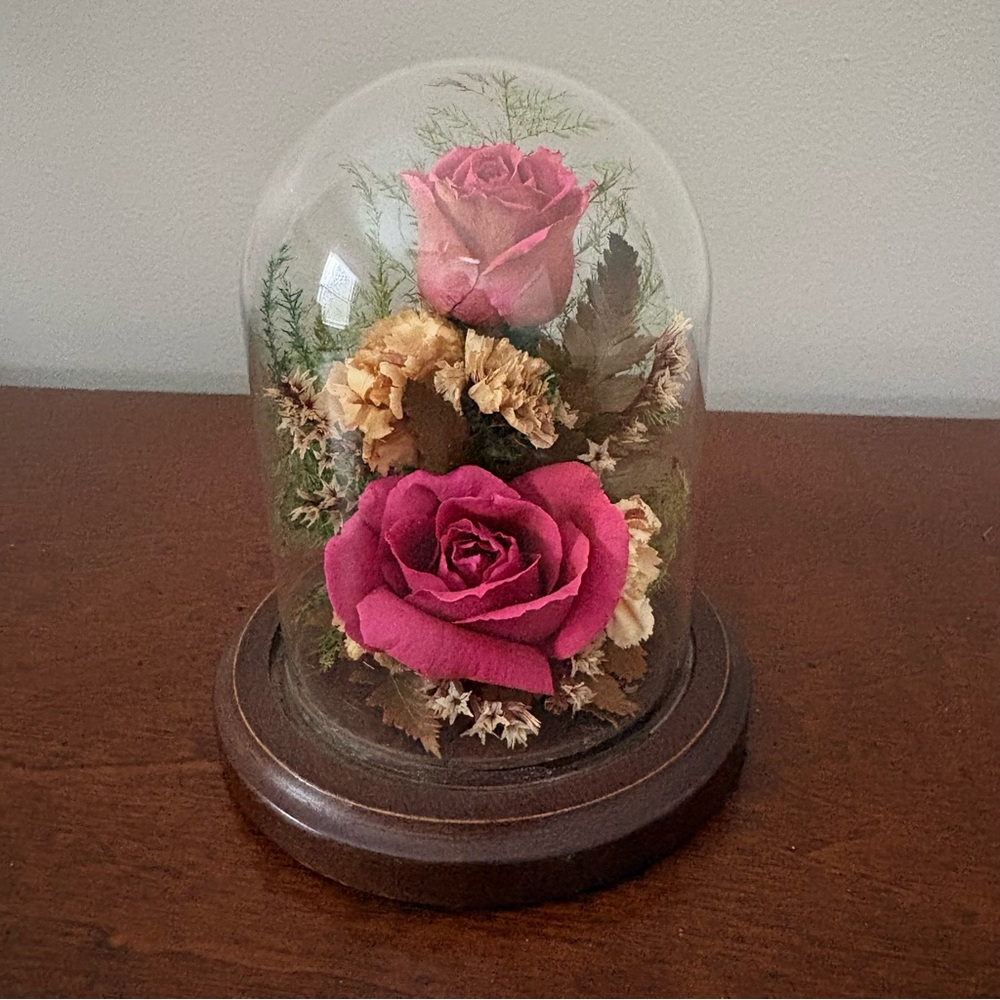 Vintage Natural Expressions Freeze Dried Preserved Roses Glass Dome & Wood Base - Picture 9 of 9